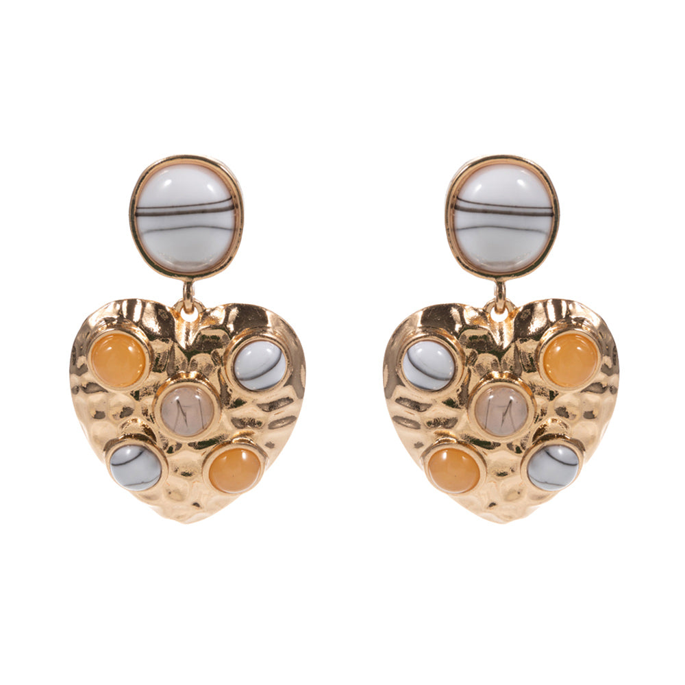 Madeline Love Howlite Round Stone Embellished Textured Metal Heart Dangle Earrings - desc