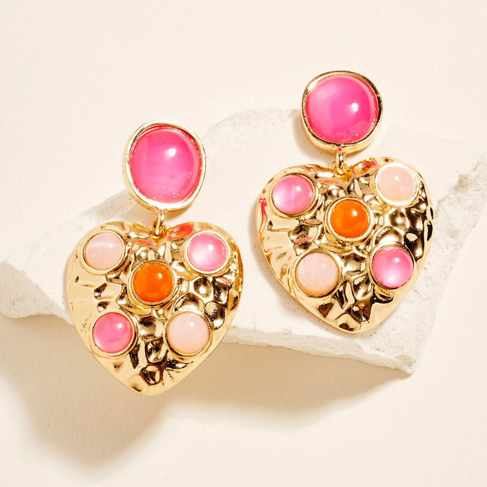 Madeline Love Hot Pink Round Stone Embellished Textured Metal Heart Dangle Earrings
