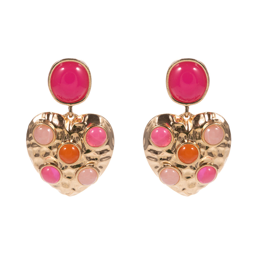 Madeline Love Hot Pink Round Stone Embellished Textured Metal Heart Dangle Earrings - desc
