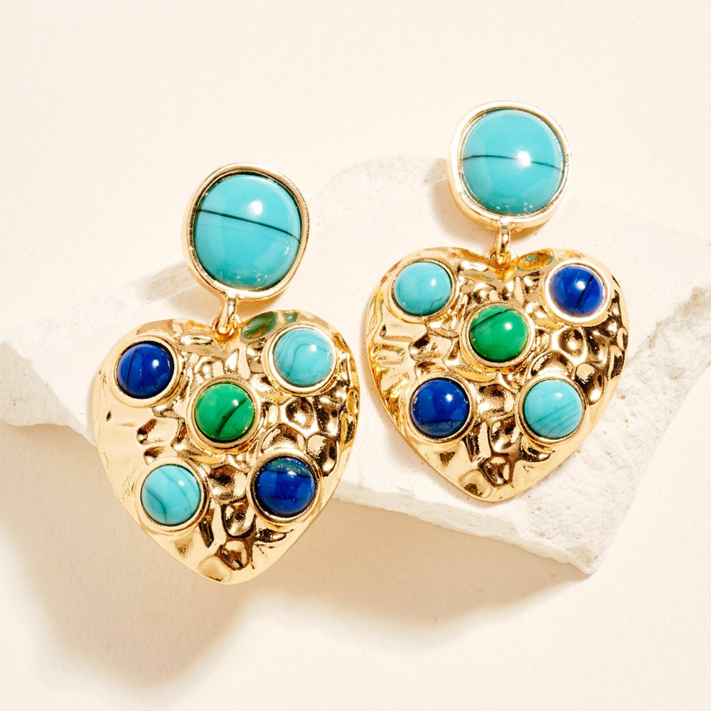 Madeline Love Turquoise Round Stone Embellished Textured Metal Heart Dangle Earrings