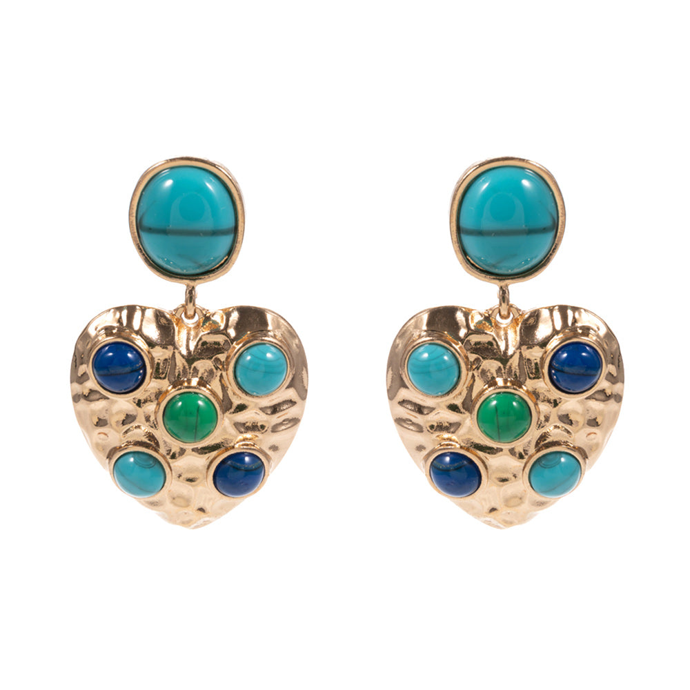 Madeline Love Turquoise Round Stone Embellished Textured Metal Heart Dangle Earrings - desc