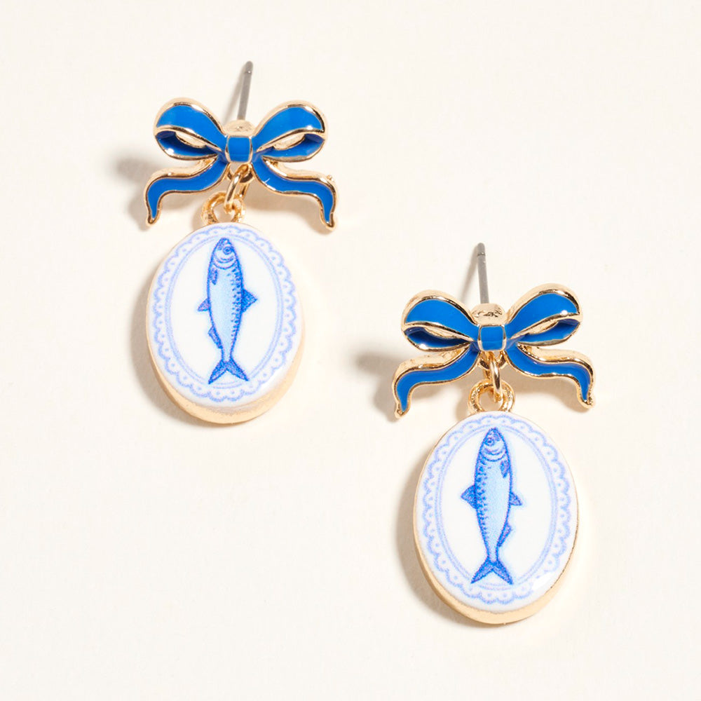 Madeline Love Blue Bow Fish Print Oval Frame Drop Earrings