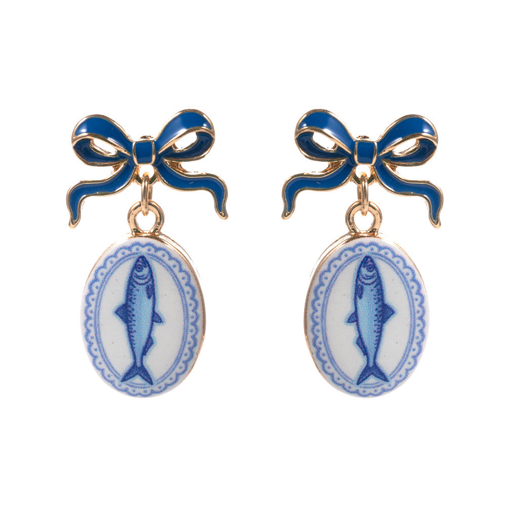Madeline Love Blue Bow Fish Print Oval Frame Drop Earrings - extra