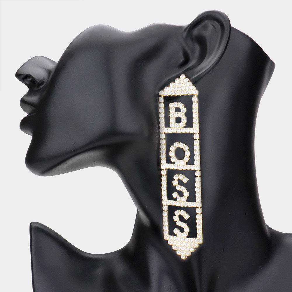 Madeline Love Gold BOSS Rhinestone Pave Message Earrings