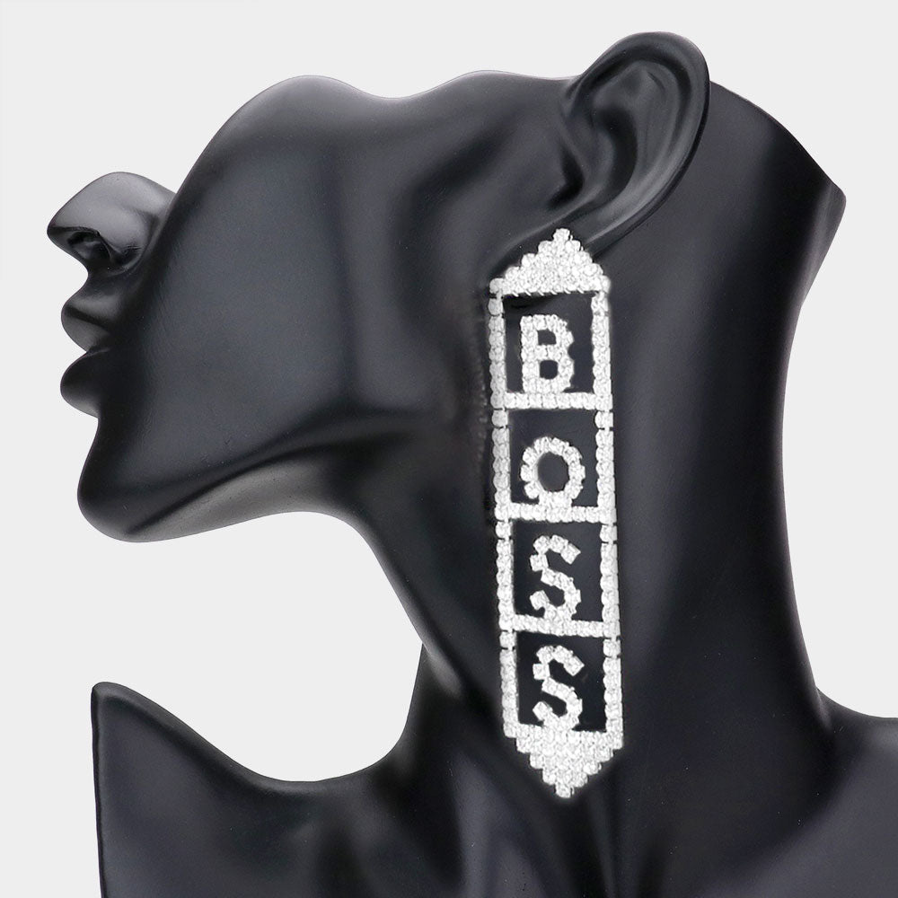 Madeline Love Silver BOSS Rhinestone Pave Message Earrings