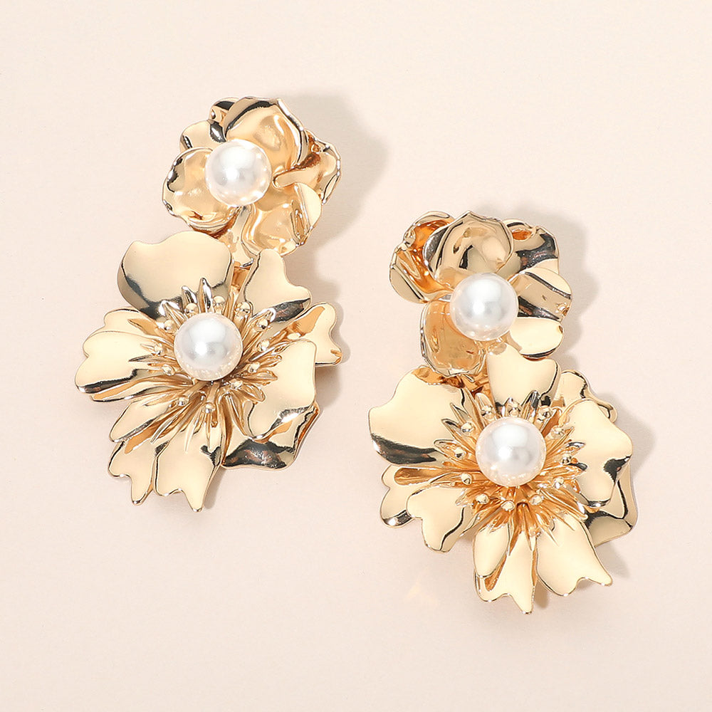 Madeline Love Gold Pearl Accent Double Floral Link Drop Statement Earrings