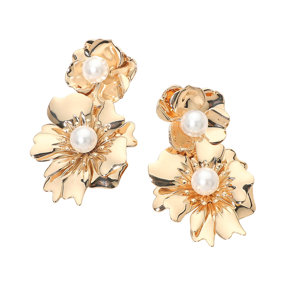 Madeline Love Gold Pearl Accent Double Floral Link Drop Statement Earrings - desc