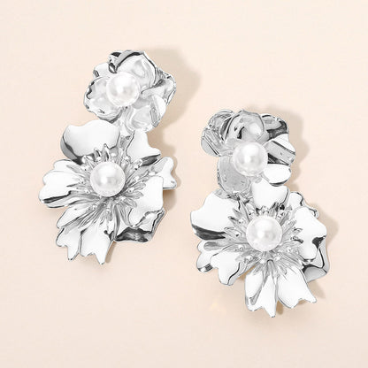 Madeline Love Rhodium Pearl Accent Double Floral Link Drop Statement Earrings