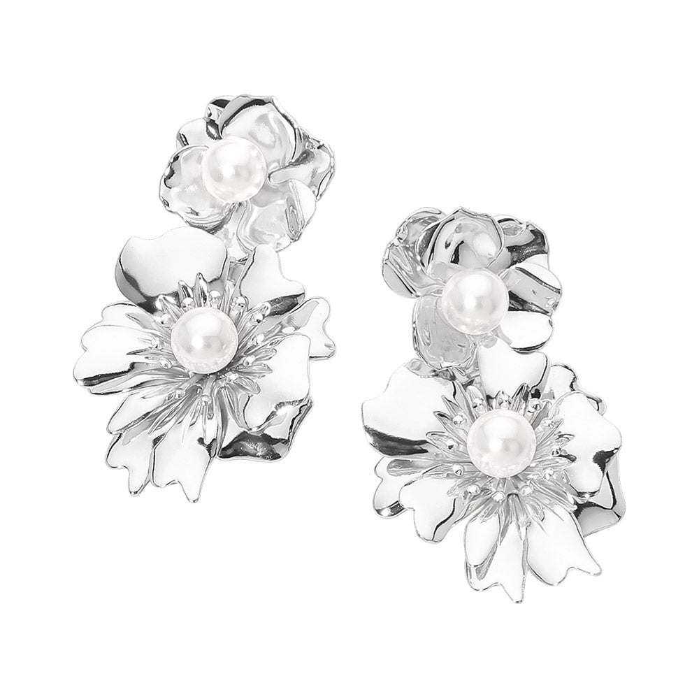 Madeline Love Rhodium Pearl Accent Double Floral Link Drop Statement Earrings - desc