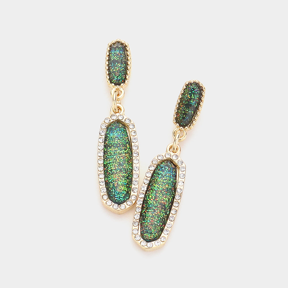 Madeline Love Black, Gold Stone Paved Around Oval Dangle Earrings