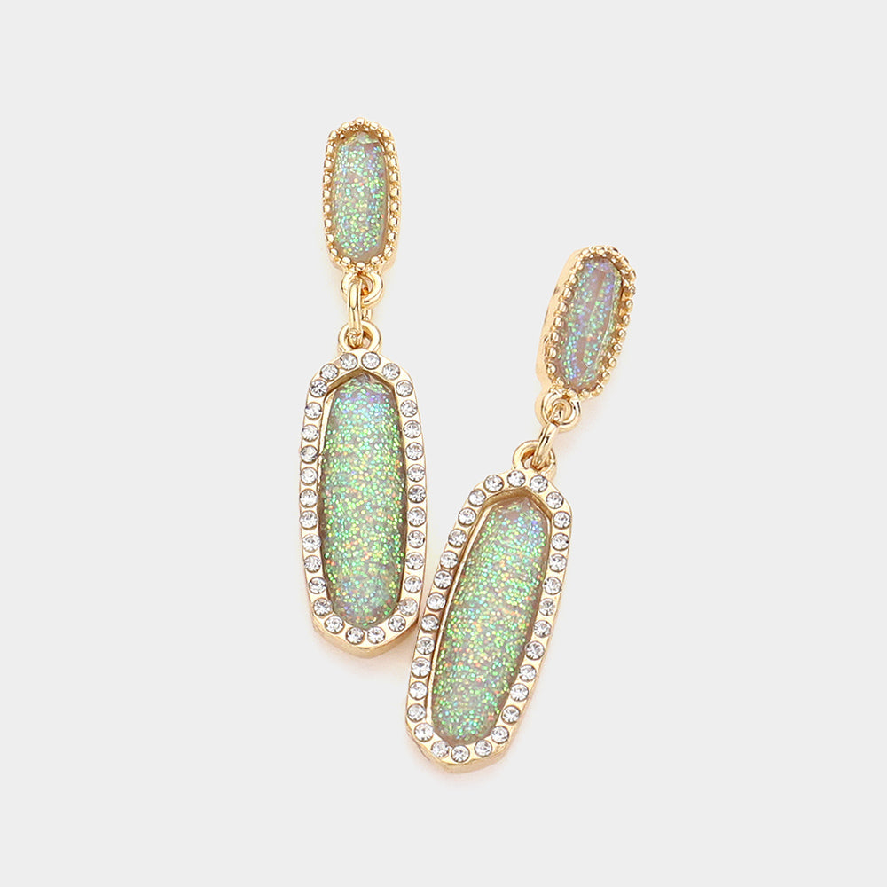 Madeline Love Gold, Gray Stone Paved Around Oval Dangle Earrings