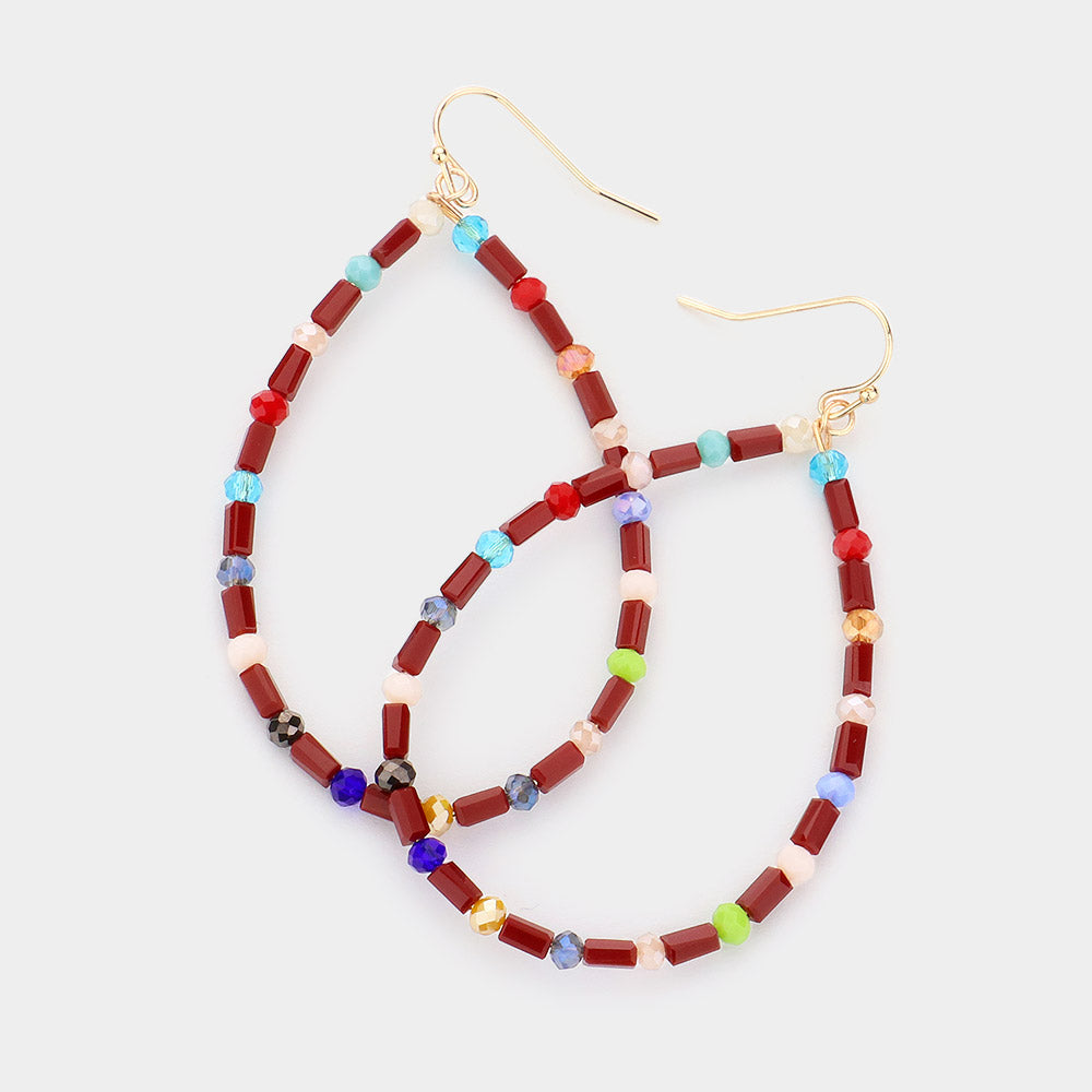 Madeline Love Burgundy Rectangle Faceted Beaded Open Teardrop Dangle Earrings