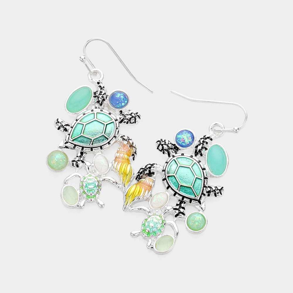 Antique Silver, Multi Stone Embellished Enamel Sea Turtle Dangle Earrings