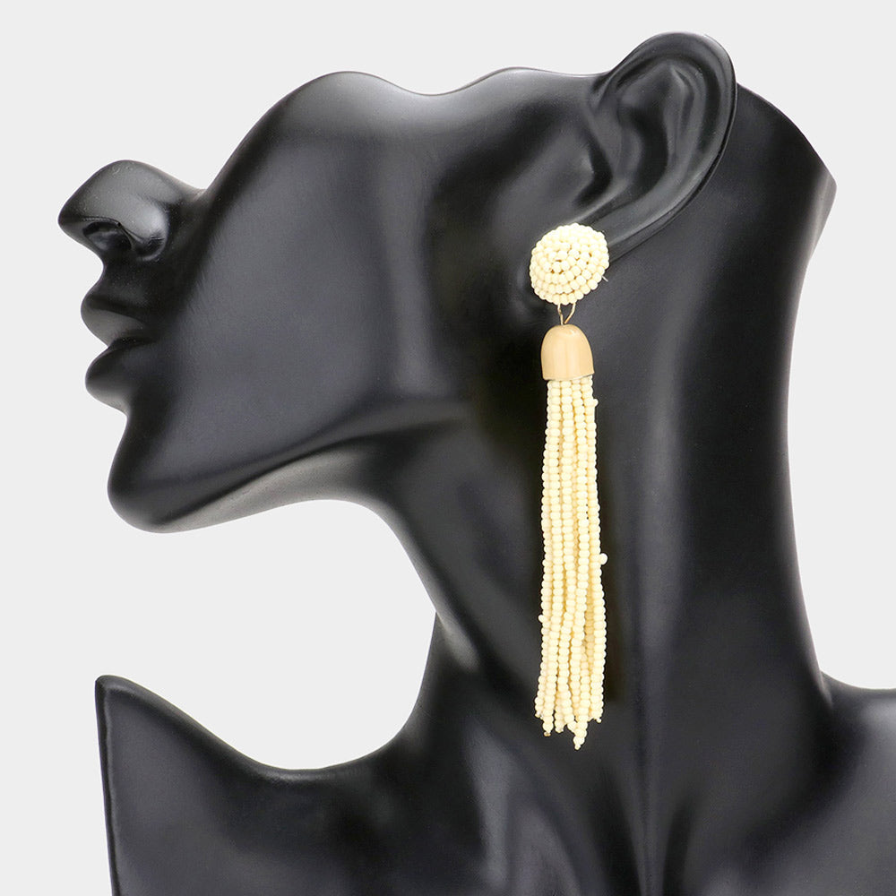 Madeline Love Beige Beaded Tassel Dangle Earrings