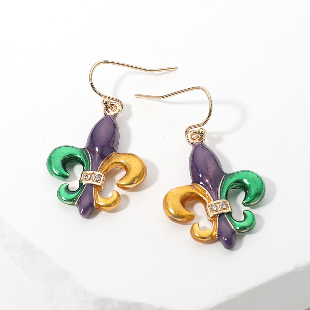 Gold, Multi Stone Pave Enamel Fleur de Lis Dangle Earrings