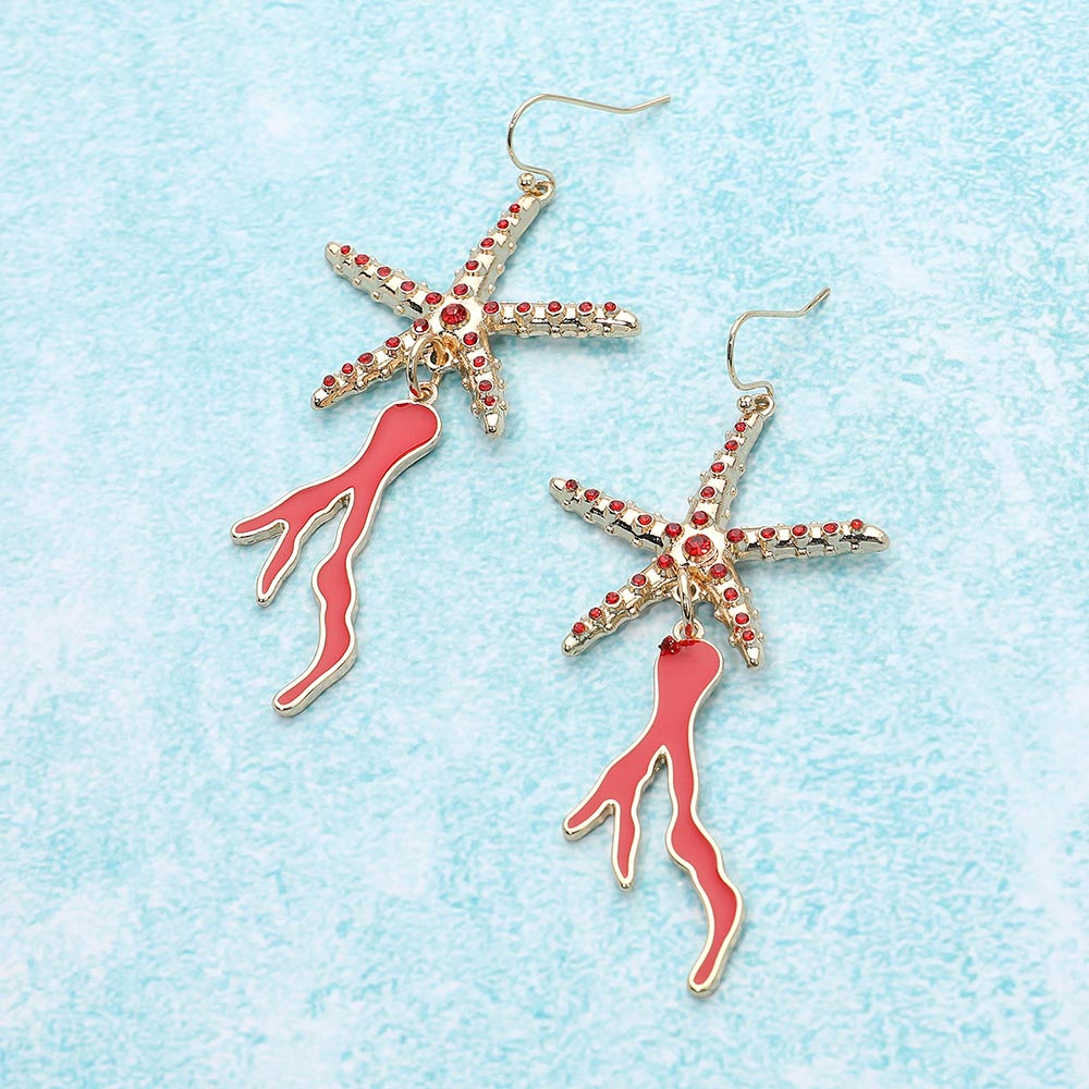 Coral, Gold Stone Paved Starfish Enamel Coral Link Dropdown Dangle Earrings