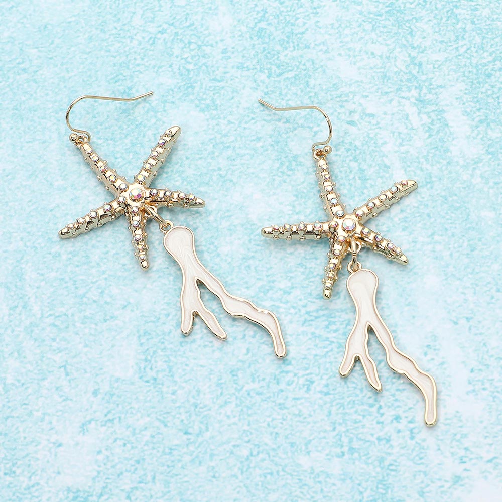 Cream, Gold Stone Paved Starfish Enamel Coral Link Dropdown Dangle Earrings