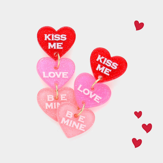 Madeline Love Pink, Red KISS ME LOVE BE MINE Message Resin Heart Dropdown Earrings