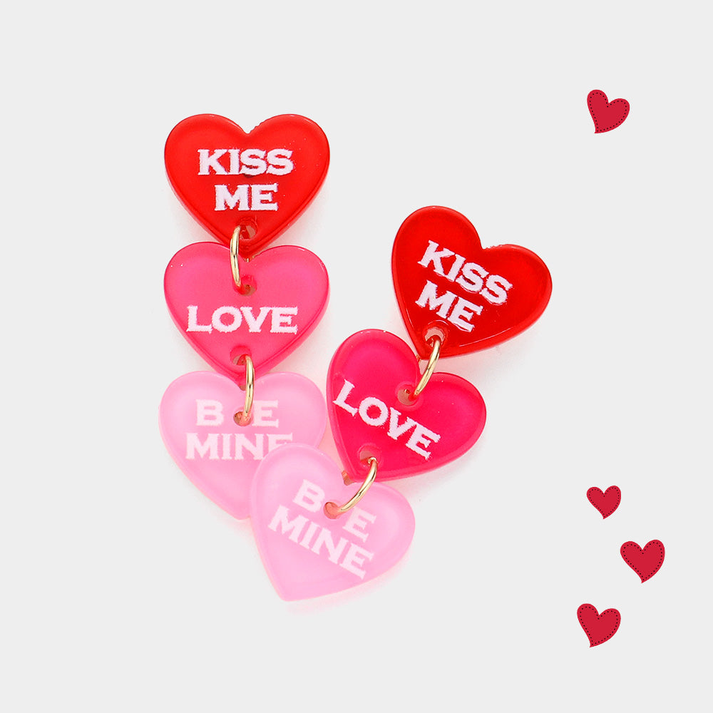 Madeline Love Hot Pink, Red KISS ME LOVE BE MINE Message Resin Heart Dropdown Earrings