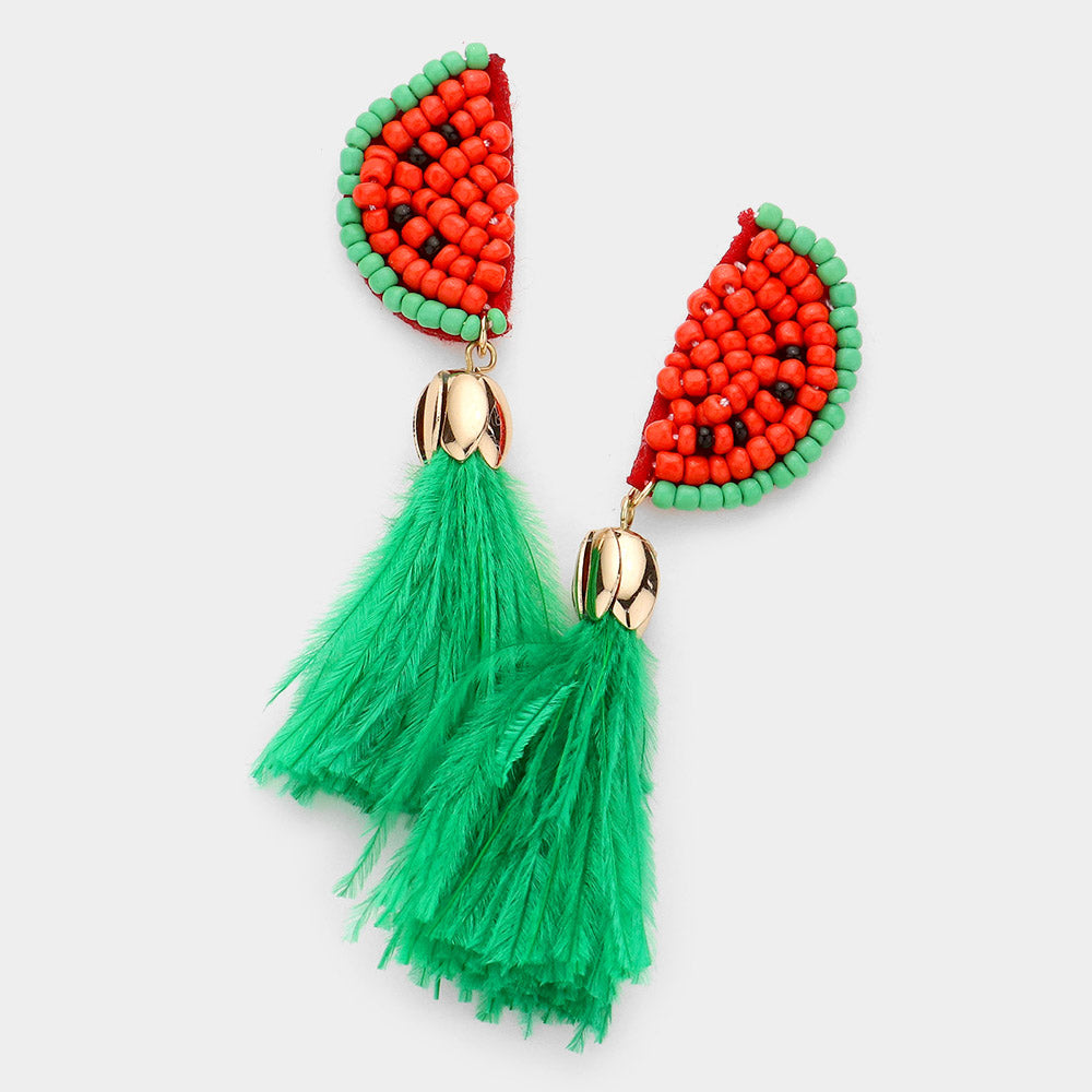 Madeline Love Green Seed Bead Watermelon Feather Tassel Dangle Earrings