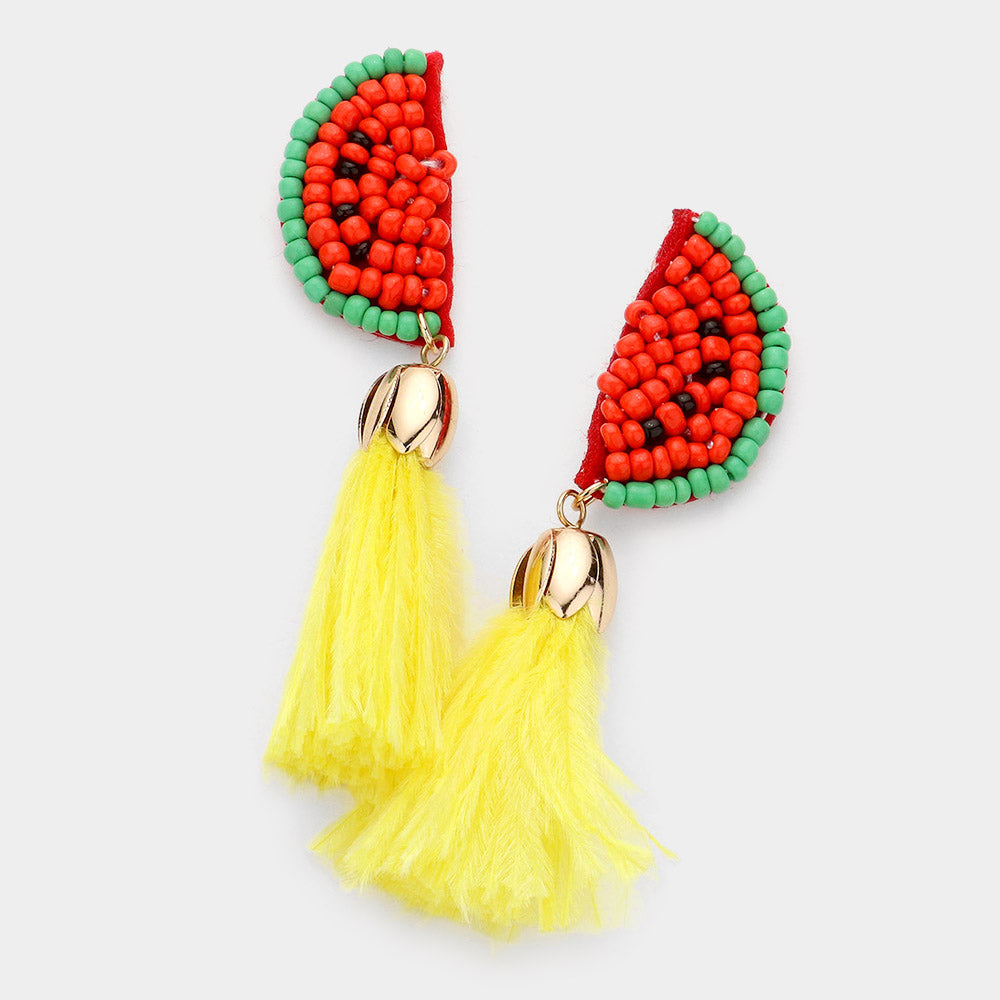 Madeline Love Yellow Seed Bead Watermelon Feather Tassel Dangle Earrings
