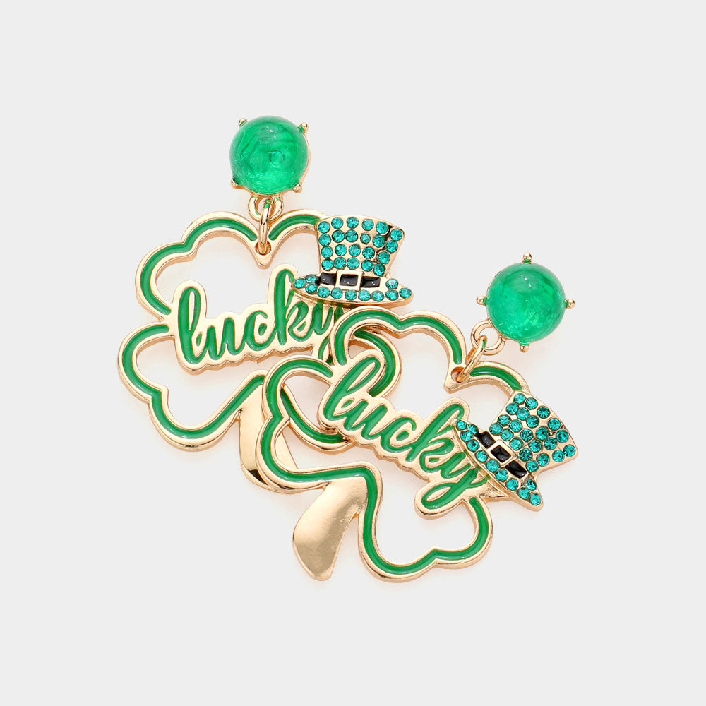 Madeline Love Gold St Patricks Day LUCKY Message Clover Dangle Earrings
