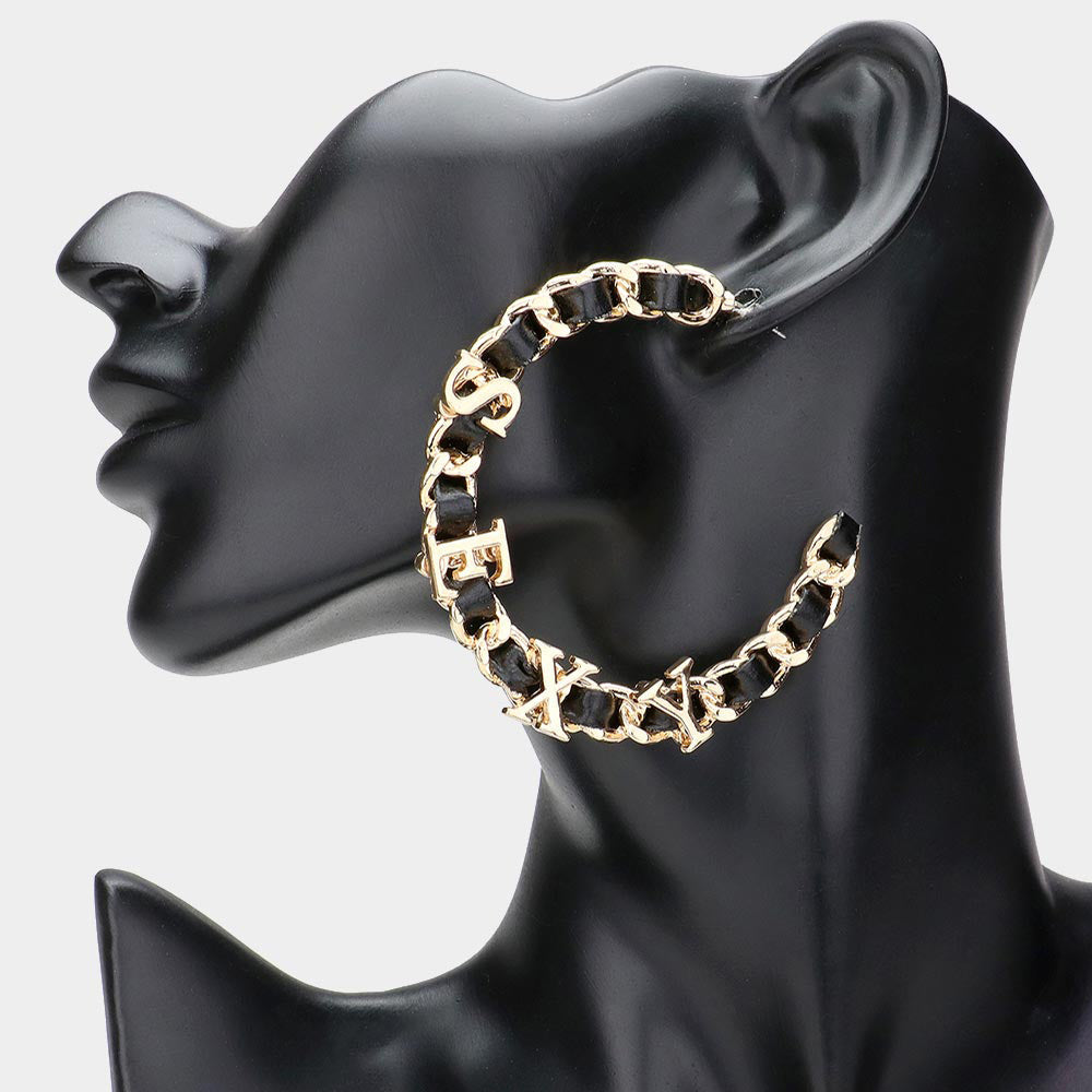 Madeline Love Gold Sexy Message Faux Black Leather Metal Chain Hoop Earrings