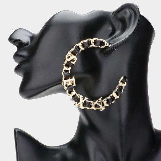 Madeline Love Gold Sexy Message Faux Black Leather Metal Chain Hoop Earrings