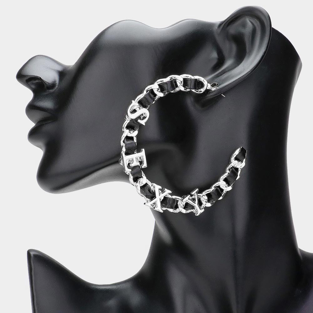 Madeline Love Rhodium Sexy Message Faux Black Leather Metal Chain Hoop Earrings