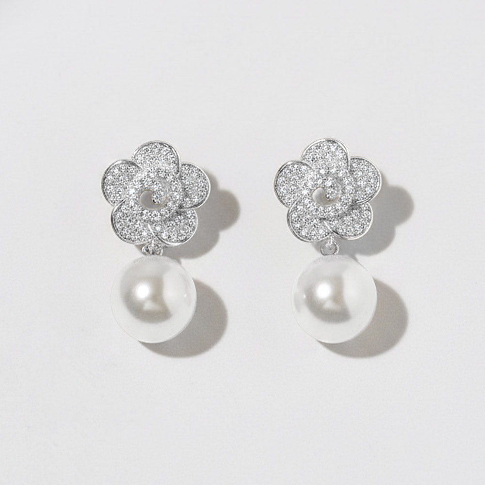 Madeline Love Rhodium, White White Gold Dipped CZ Pave Flower Pearl Drop Earrings
