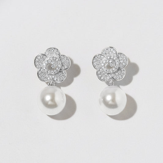 Madeline Love Rhodium, White White Gold Dipped CZ Pave Flower Pearl Drop Earrings