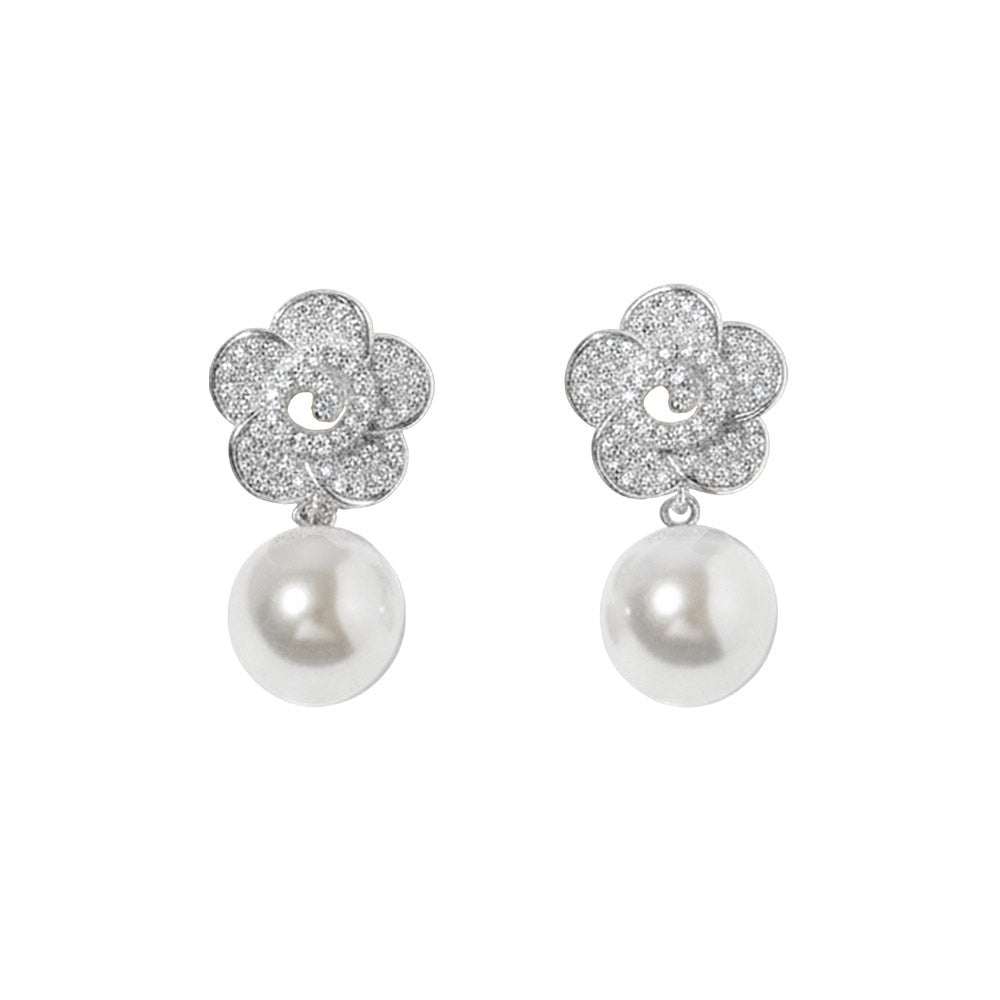 Madeline Love Rhodium, White White Gold Dipped CZ Pave Flower Pearl Drop Earrings - desc