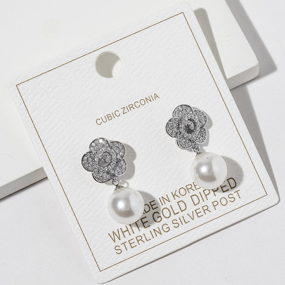 Madeline Love Rhodium, White White Gold Dipped CZ Pave Flower Pearl Drop Earrings - extra