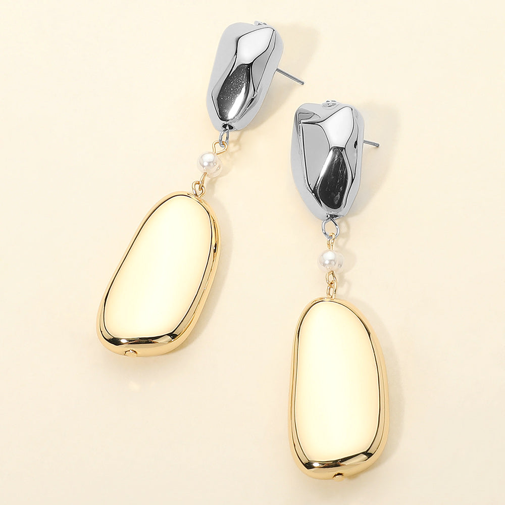 Madeline Love Rhodium, Two Tone Bold Geometric Metal Pebble Pearl Link Drop Statement Earrings