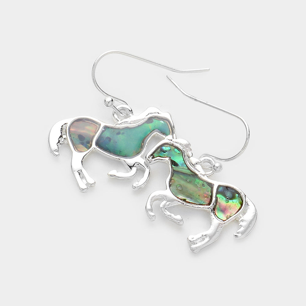 Madeline Love Abalone, Silver Abalone Embossed Metal Horse Dangle Earrings