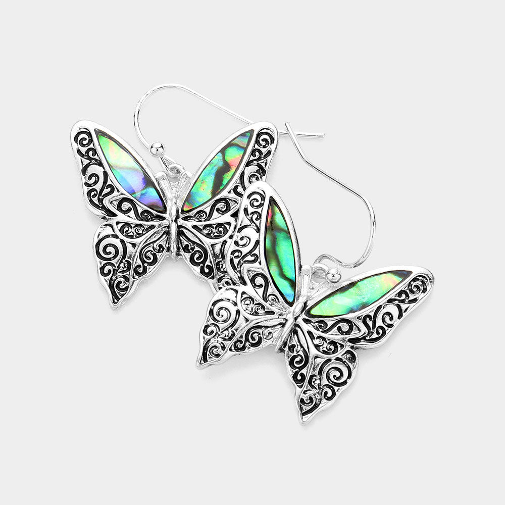 Madeline Love Abalone, Antique Silver Antique Metal Abalone Butterfly Dangle Earrings