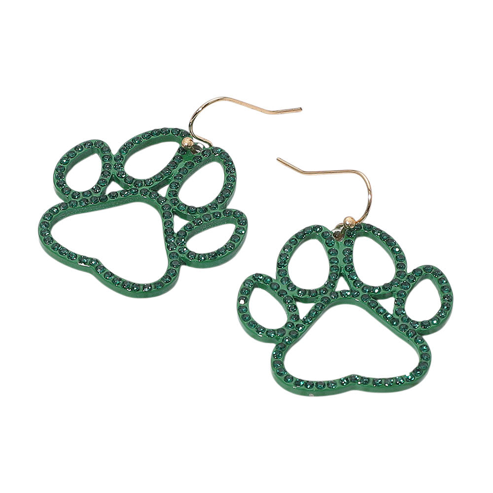Madeline Love Green Rhinestone Paved Gameday Paw Dangle Earrings - desc
