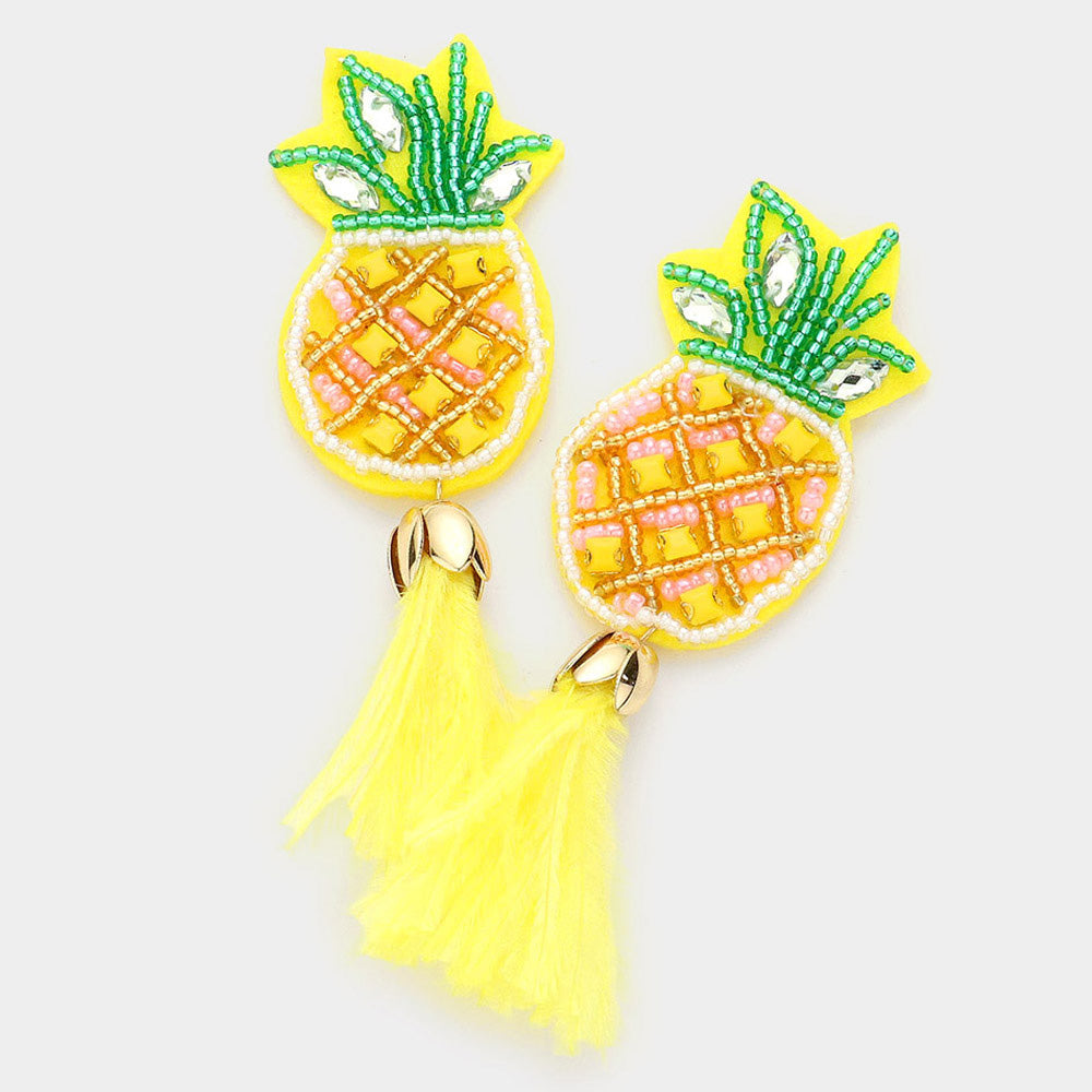 Madeline Love Yellow Beaded Pineapple Feather Tassel Earrings
