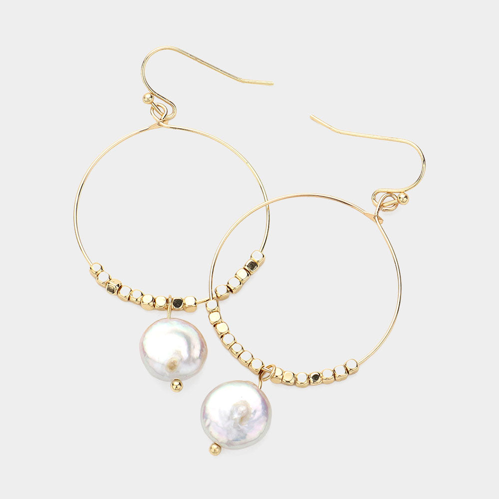 Madeline Love Cream, Gold Freshwater Pearl Pointed Open Circle Wire Dangle Earrings