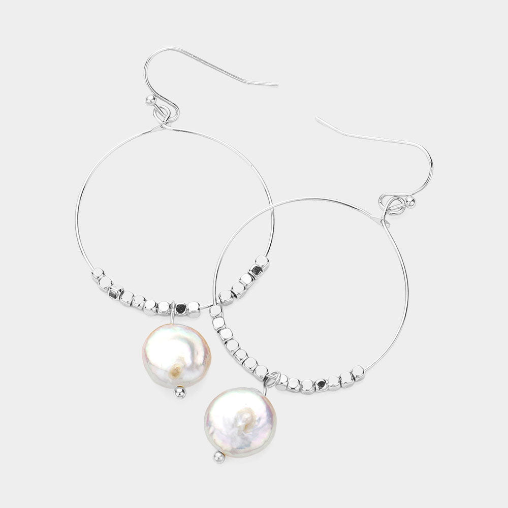 Madeline Love Cream, Rhodium Freshwater Pearl Pointed Open Circle Wire Dangle Earrings