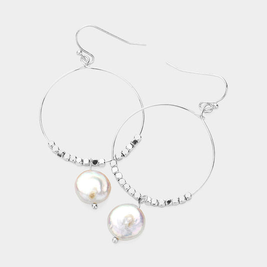 Madeline Love Cream, Rhodium Freshwater Pearl Pointed Open Circle Wire Dangle Earrings