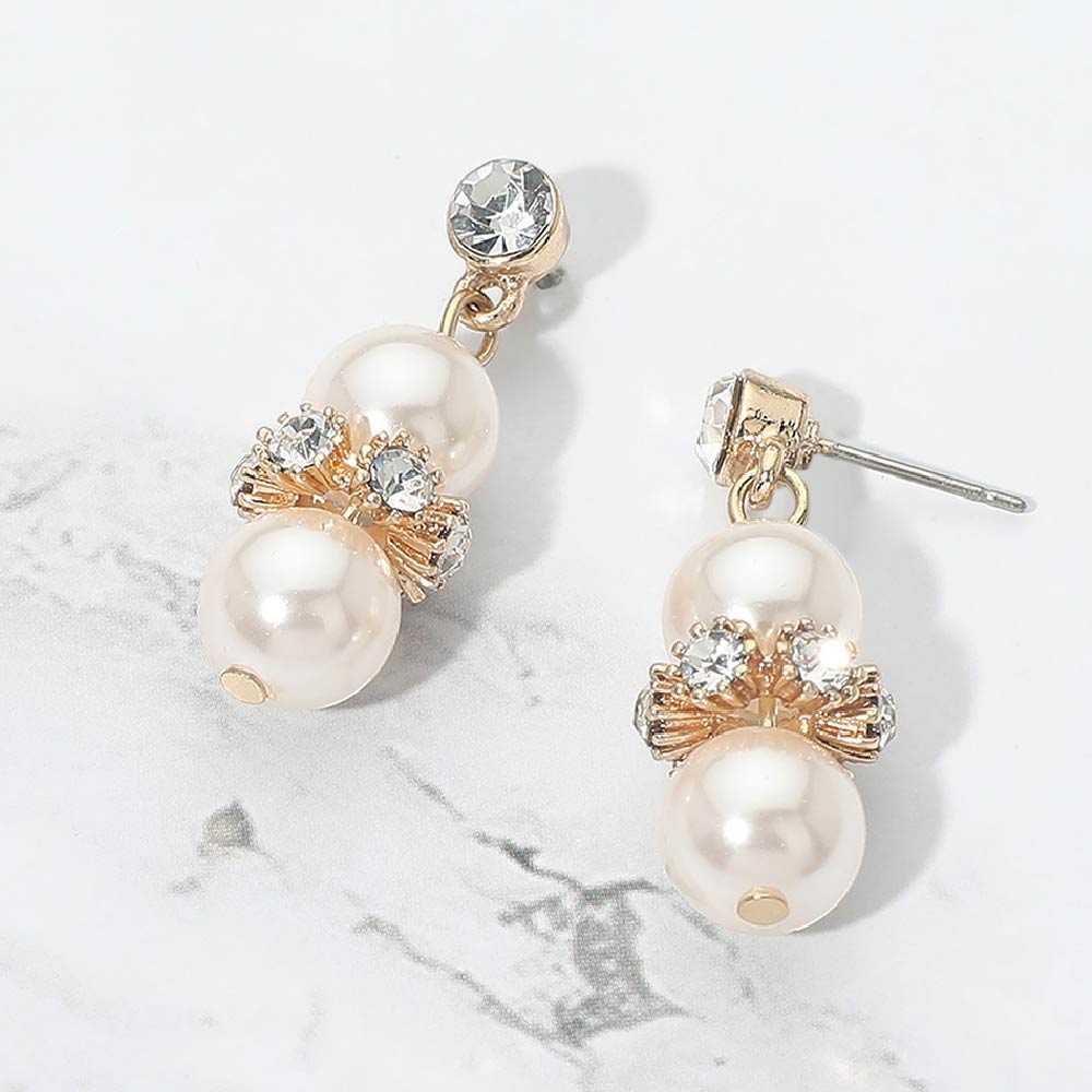 Madeline Love Cream, Gold Rhinestone Embellished Pearl Drop Earrings