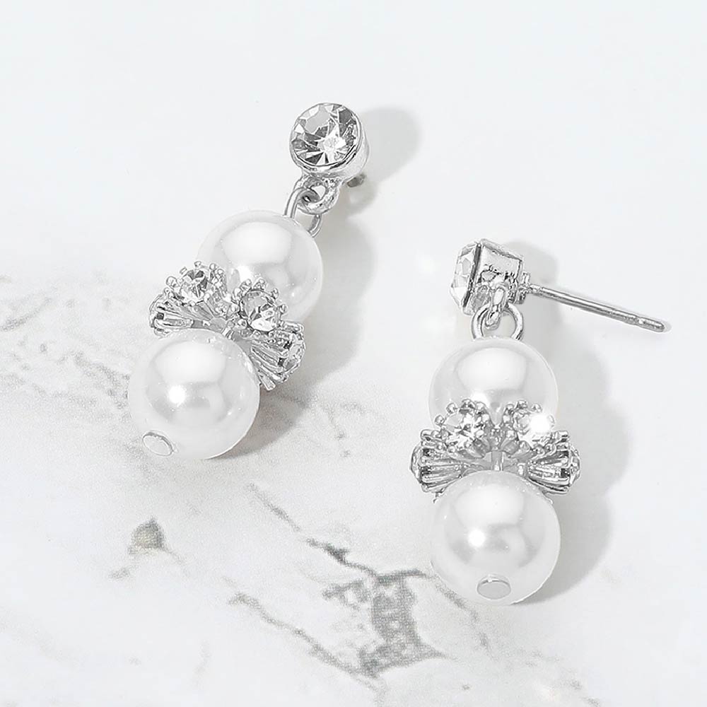 Madeline Love Silver, White Rhinestone Embellished Pearl Drop Earrings