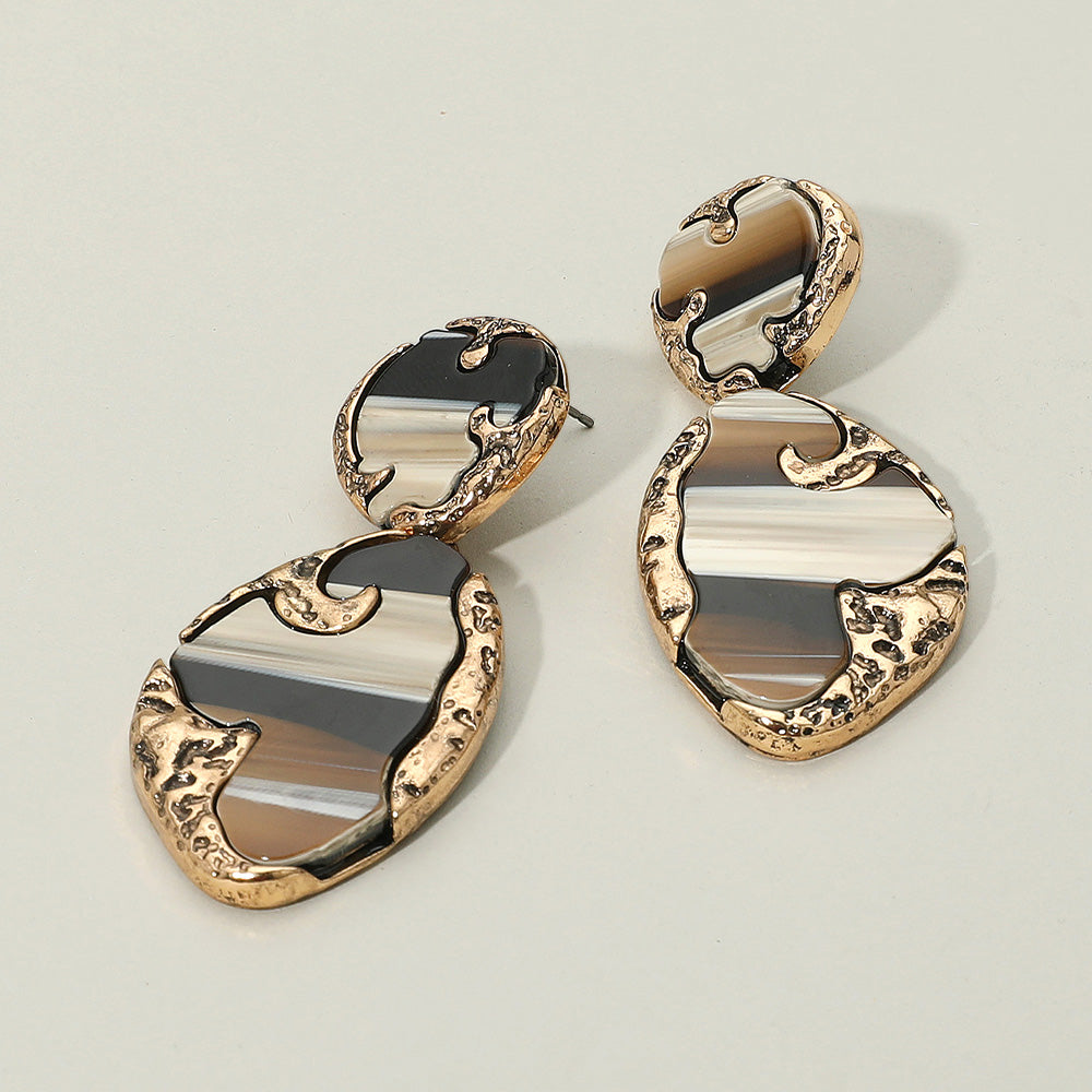 Madeline Love Brown, Gold, Multi Textured Metal Frame Abstract Celluloid Acetate Drop Dangle Statement Earrings