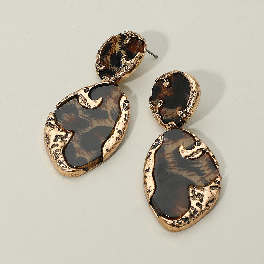 Madeline Love Gold, Leopard Textured Metal Frame Abstract Celluloid Acetate Drop Dangle Statement Earrings
