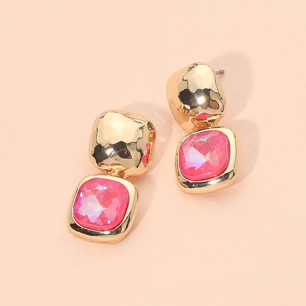 Madeline Love Fuchsia, Gold Geometric Square Stone Drop Earrings