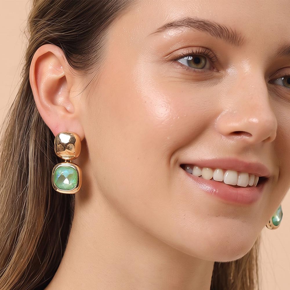Madeline Love AB, Gold, Mint Geometric Square Stone Drop Earrings