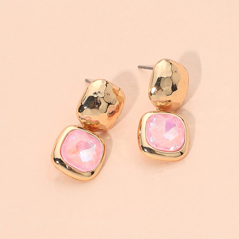 Madeline Love Gold, Pink Geometric Square Stone Drop Earrings