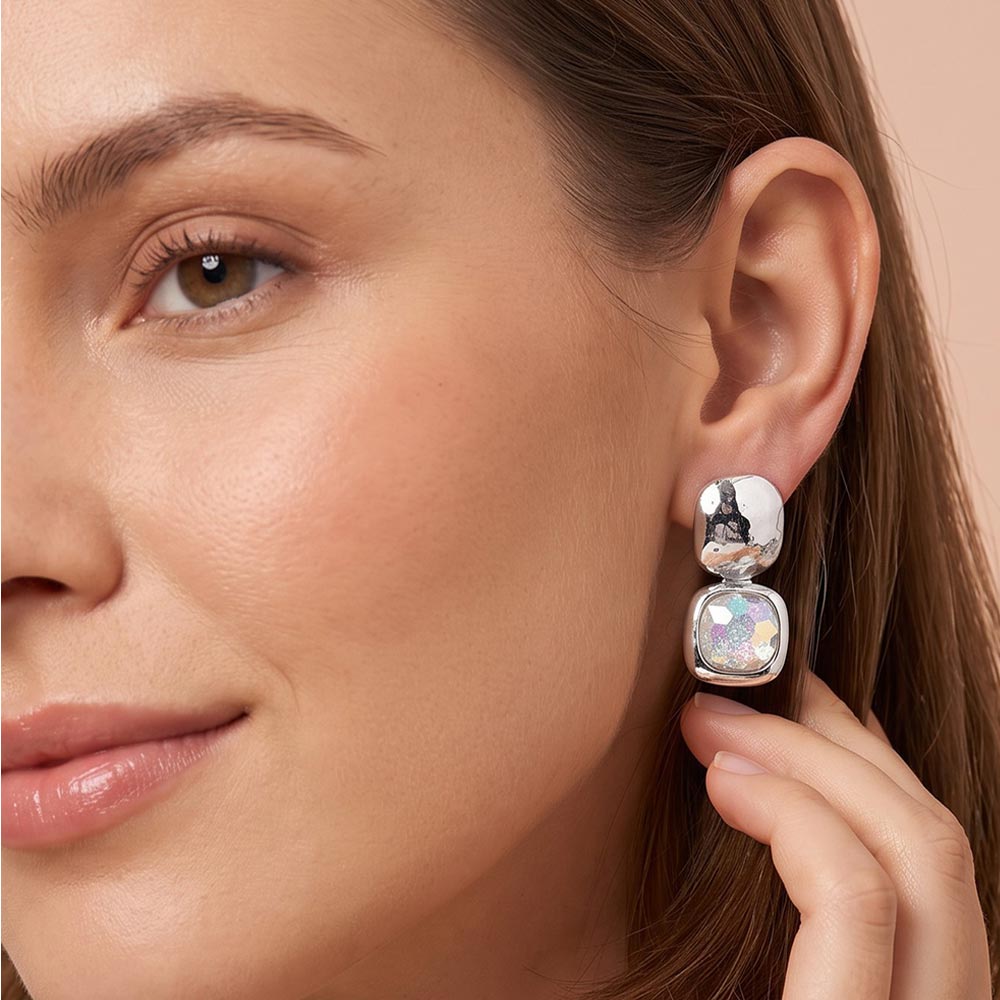 Madeline Love AB, Silver Geometric Square Stone Drop Earrings