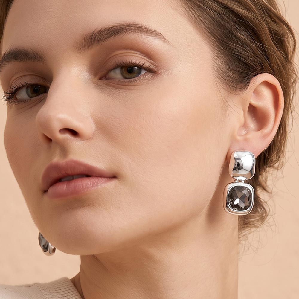 Madeline Love Black Diamond, Silver Geometric Square Stone Drop Earrings